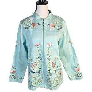 Y2K VTG Quacker Factory Womens L Aqua Floral Butterfly Embroidered Zip Jacket